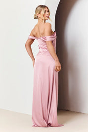 In The Style Rose Pink Satin Bardot Ruched Maxi Dress
