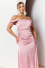 In The Style Rose Pink Satin Bardot Ruched Maxi Dress