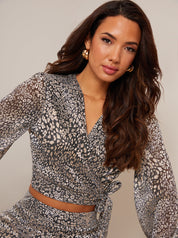 Long Sleeve Animal Print Wrap Top in Gold