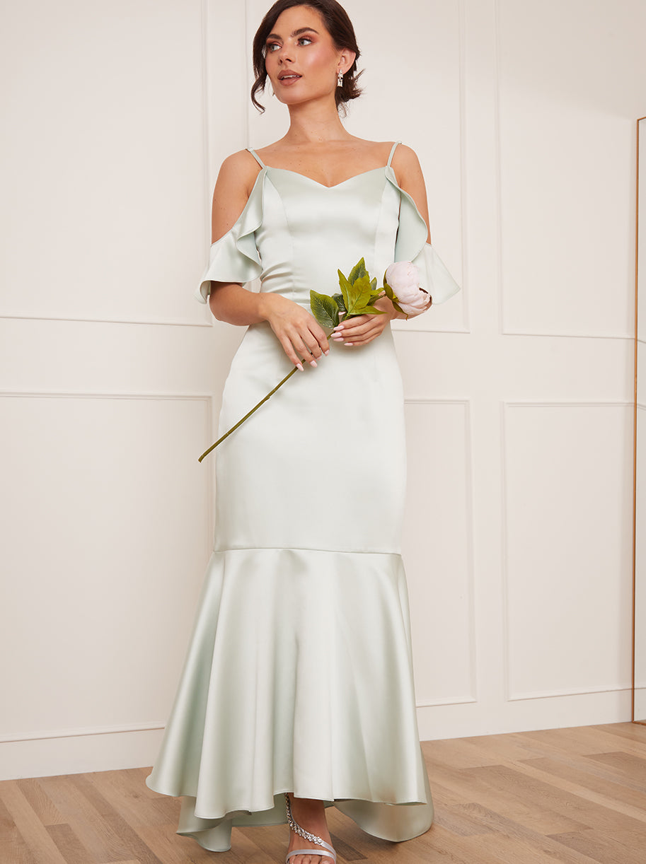 Petite Satin Cami Ruffle Strap Bodycon Dress in Mint