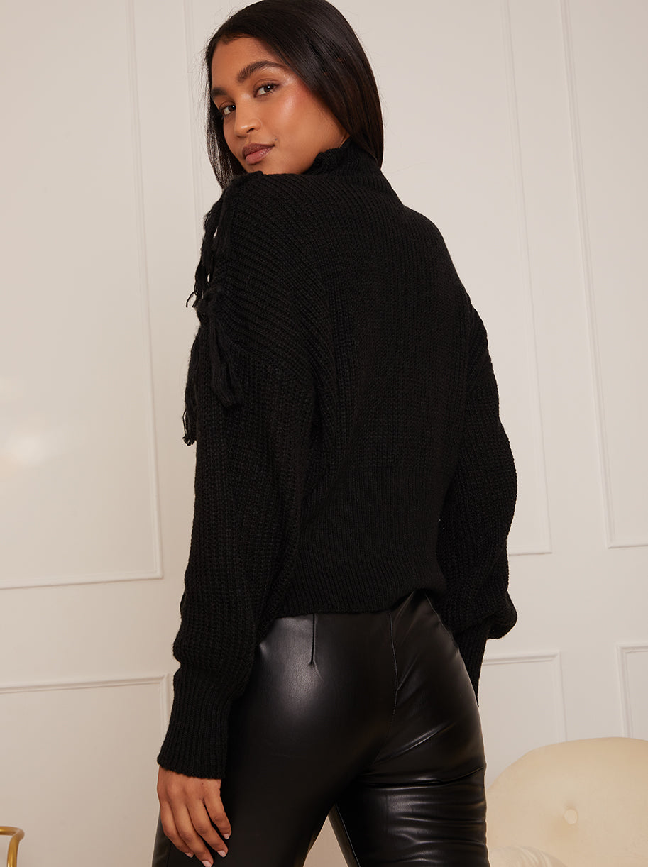 High Neck Tassel Detail Jumper in Black