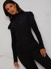 Broderie Trim Knitted Jumper in Black
