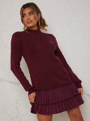 Pleated Hem Knitted Mini Dress in Burgundy