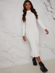Pleated Hem Knitted Maxi Dress in White