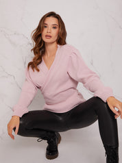 V Neck Wrap Jumper in Pink