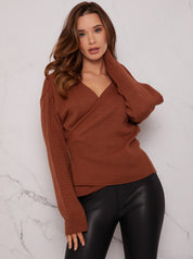 V Neck Wrap Jumper in Tan