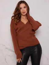 V Neck Wrap Jumper in Tan