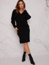 V Neck Wrap Jumper Dress in Black