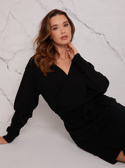V Neck Wrap Jumper Dress in Black