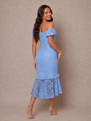 Bardot Premium Lace Peplum Midi Dress in Blue
