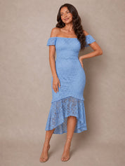 Bardot Premium Lace Peplum Midi Dress in Blue