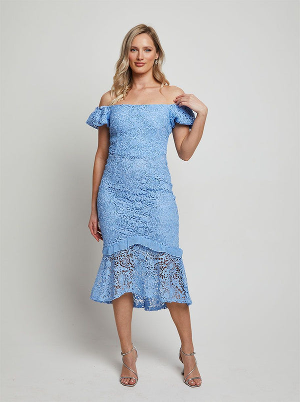 Bardot Premium Lace Peplum Midi Dress in Blue
