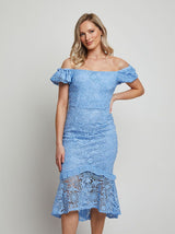 Petite Bardot Premium Lace Peplum Midi Dress in Blue