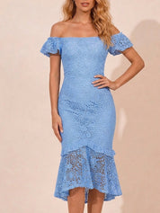 Petite Bardot Premium Lace Peplum Midi Dress in Blue