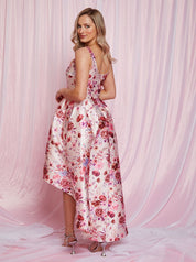 Sleeveless Floral Dip Hem Dress in Pink