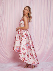 Sleeveless Floral Dip Hem Dress in Pink