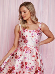 Sleeveless Floral Dip Hem Dress in Pink
