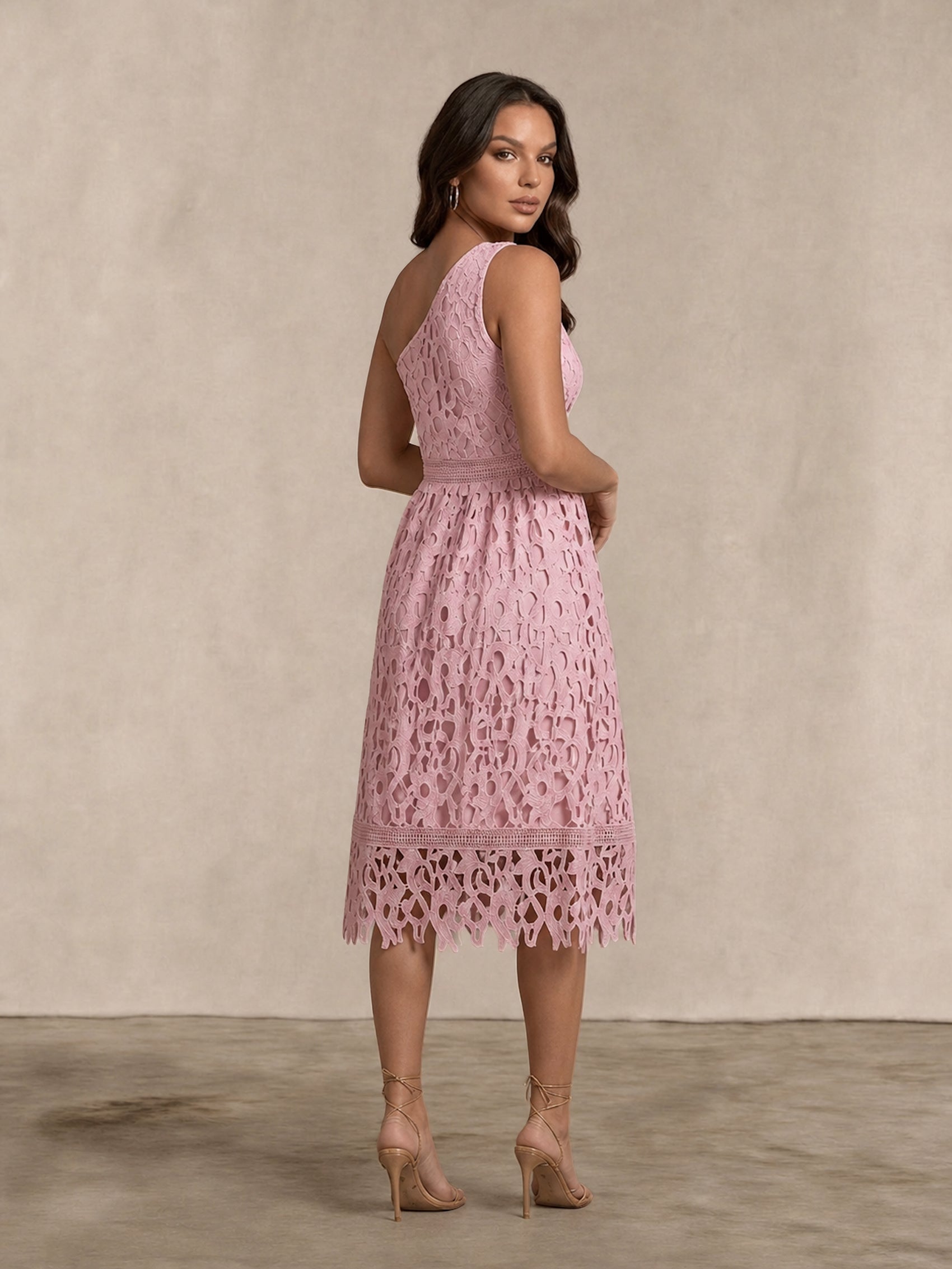 One Shoulder Premium Lace Midi Dress in Blush