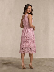 One Shoulder Premium Lace Midi Dress in Blush