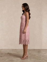 One Shoulder Premium Lace Midi Dress in Blush