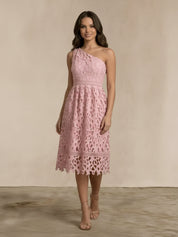One Shoulder Premium Lace Midi Dress in Blush