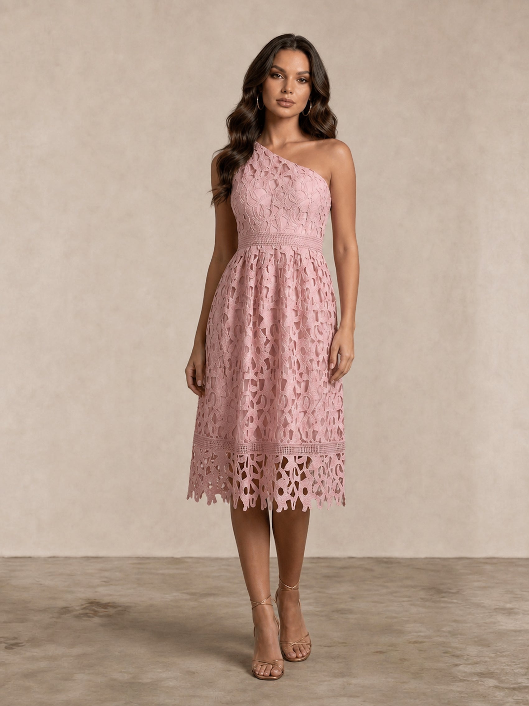 One Shoulder Premium Lace Midi Dress in Blush