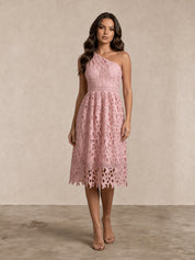 One Shoulder Premium Lace Midi Dress in Blush