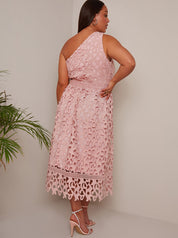 Plus Size One Shoulder Premium Lace Midi Dress in Blush