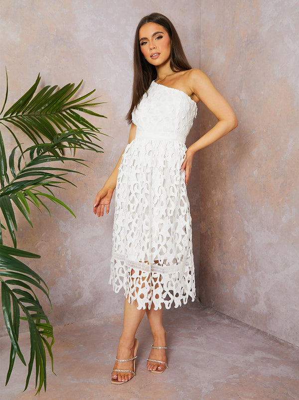 One Shoulder Premium Lace Midi Dress in White