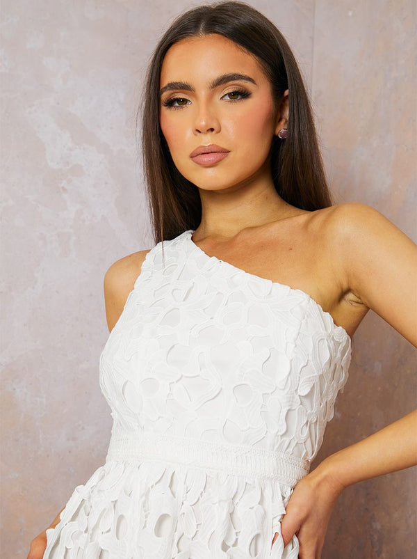 One Shoulder Premium Lace Midi Dress in White