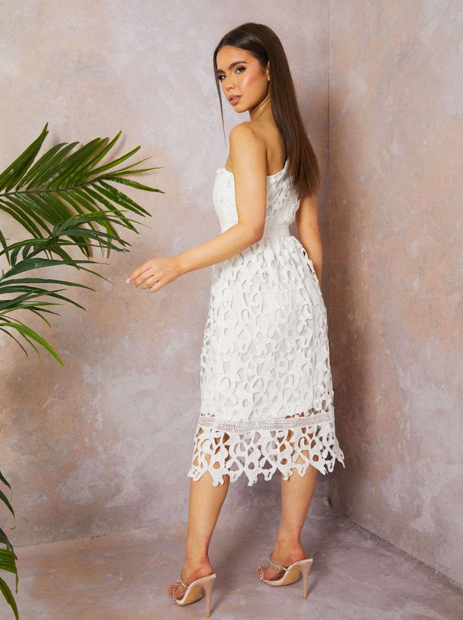 One Shoulder Premium Lace Midi Dress in White One Shoulder Premium Lace Midi Dress in White