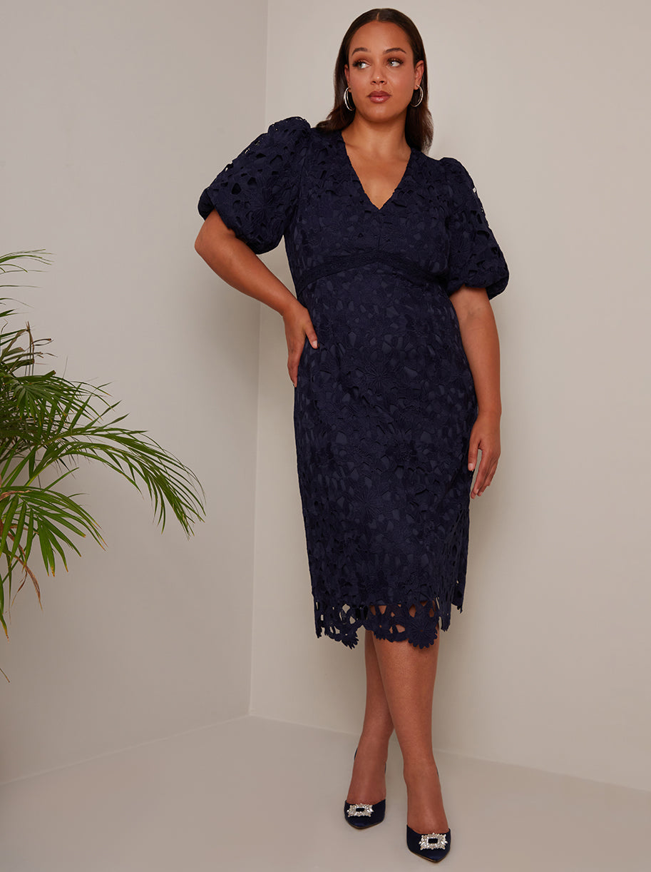 Plus Size Puff Sleeve Premium Lace Mini Dress in Navy