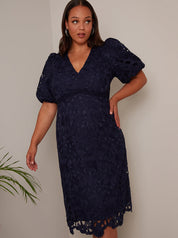 Plus Size Puff Sleeve Premium Lace Mini Dress in Navy