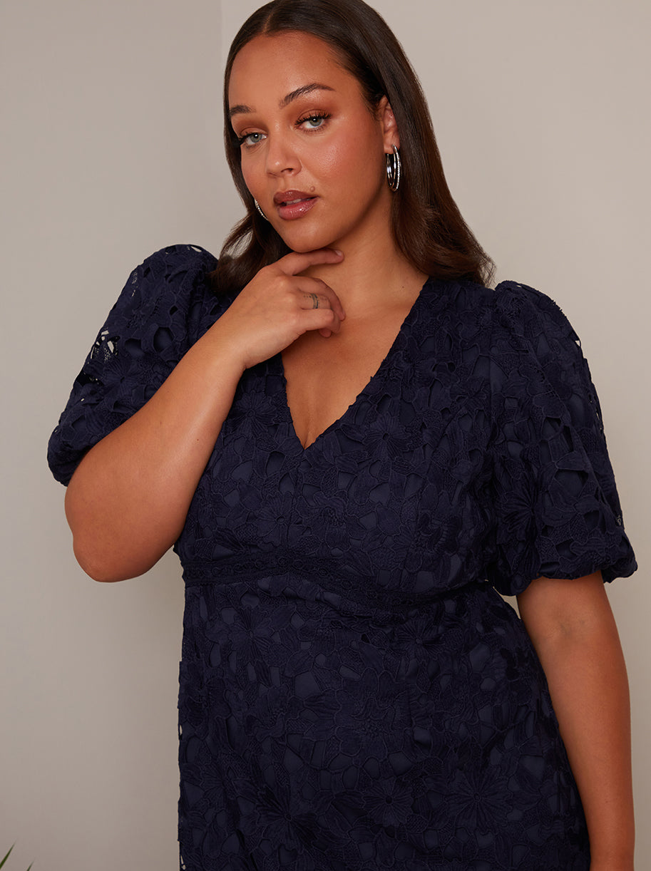 Plus Size Puff Sleeve Premium Lace Mini Dress in Navy