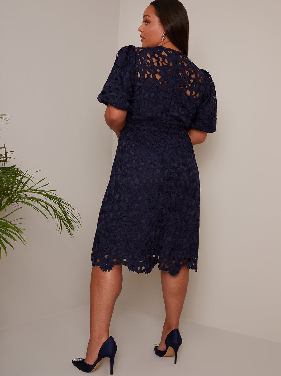 Plus Size Puff Sleeve Premium Lace Mini Dress in Navy