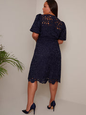 Plus Size Puff Sleeve Premium Lace Mini Dress in Navy