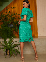 Puff Sleeve Premium Lace Mini Dress in Green