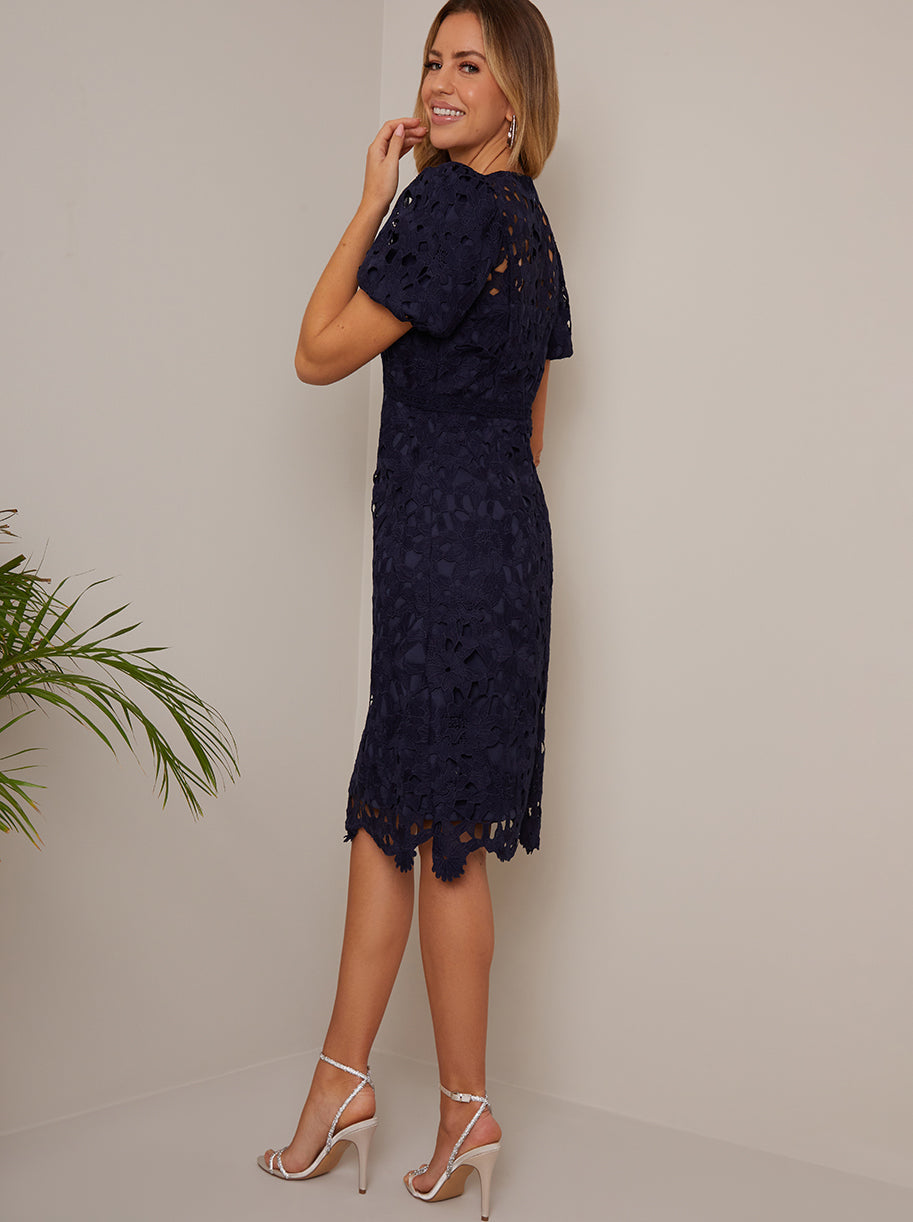 Puff Sleeve Premium Lace Mini Dress in Navy