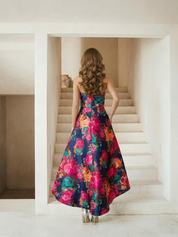 Petite Bandeau Sweetheart Floral Wrap Detail Dip Hem Dress in Navy