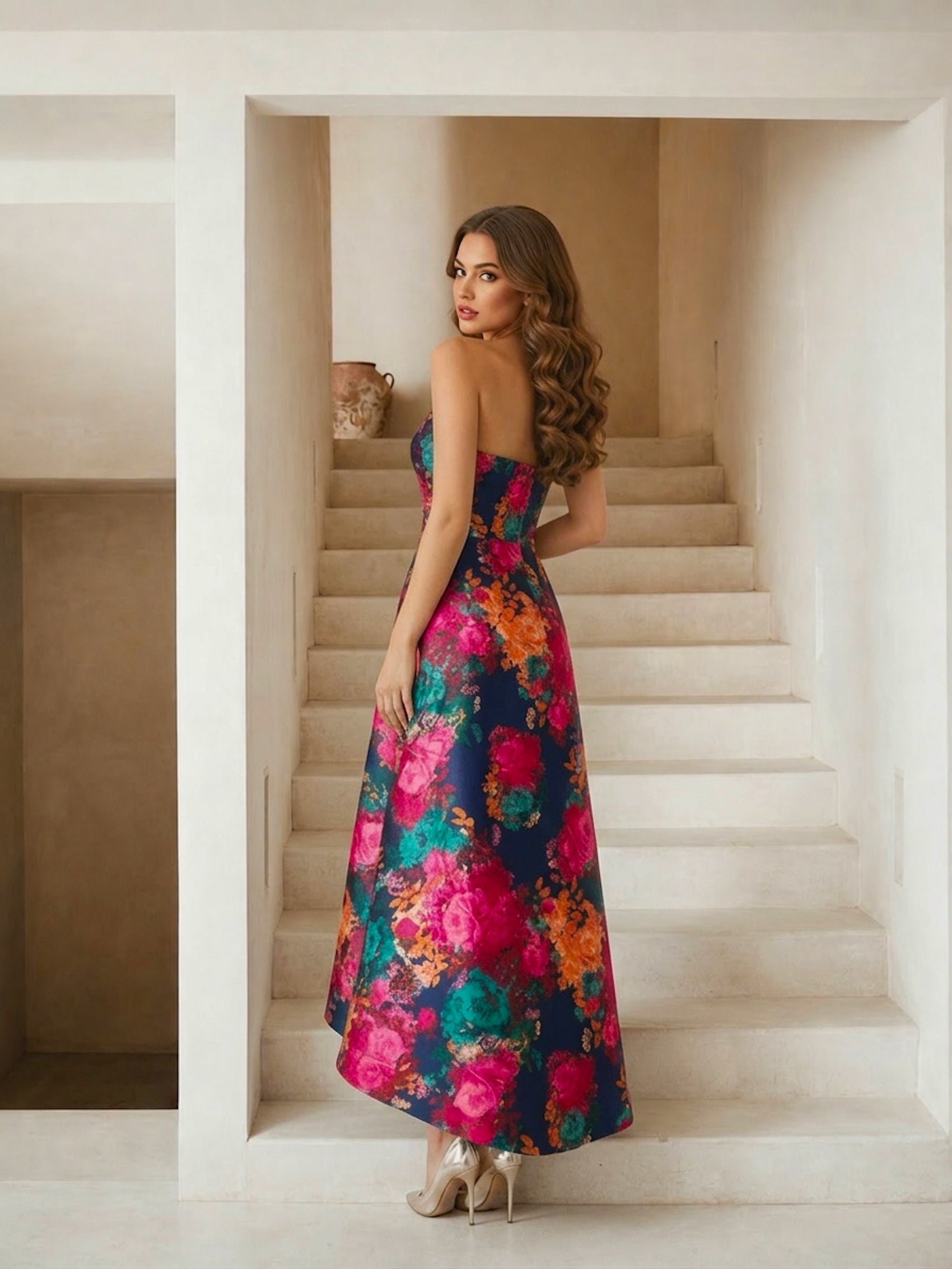 Petite Bandeau Sweetheart Floral Wrap Detail Dip Hem Dress in Navy