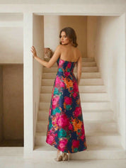 Petite Bandeau Sweetheart Floral Wrap Detail Dip Hem Dress in Navy