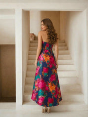 Petite Bandeau Sweetheart Floral Wrap Detail Dip Hem Dress in Navy
