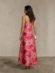 Bandeau Sweetheart Floral Wrap Detail Dip Hem Dress in Pink