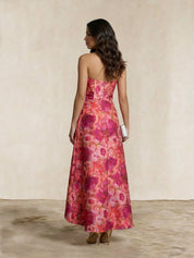 Bandeau Sweetheart Floral Wrap Detail Dip Hem Dress in Pink