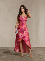 Bandeau Sweetheart Floral Wrap Detail Dip Hem Dress in Pink