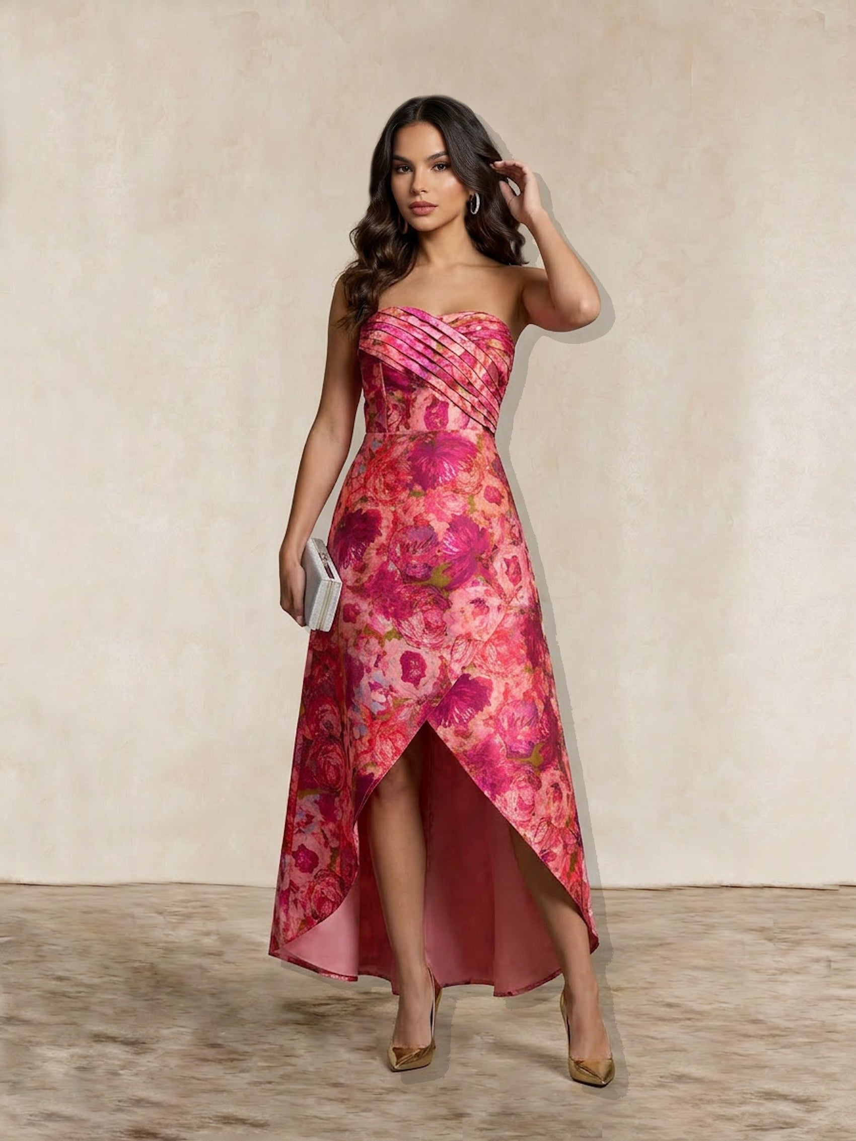 Bandeau Sweetheart Floral Wrap Detail Dip Hem Dress in Pink