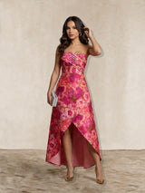 Bandeau Sweetheart Floral Wrap Detail Dip Hem Dress in Pink