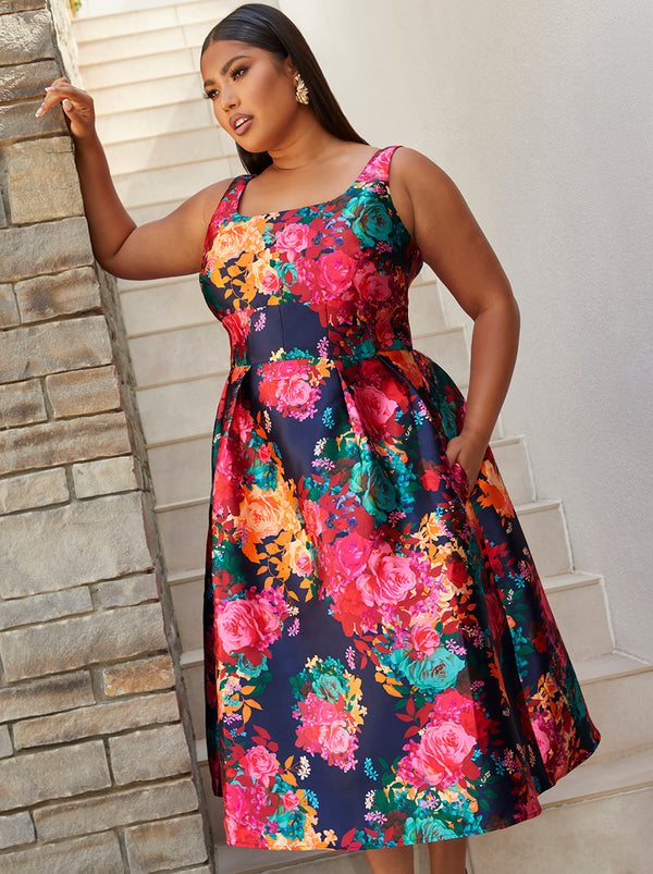 Plus Size Sleeveless Floral Fit and Flare Midi Dress in Navy