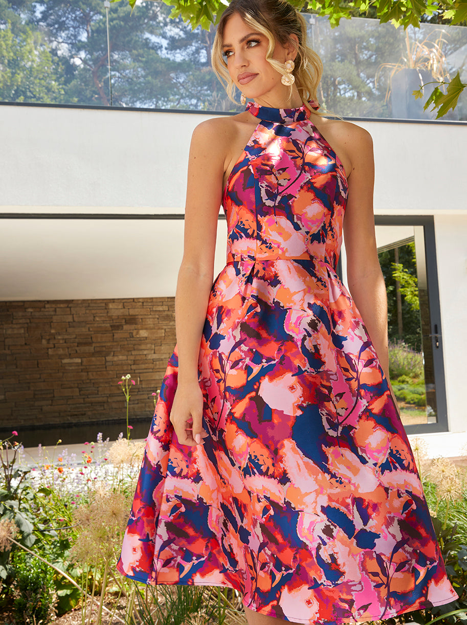 Halter Neck Abstract Print Fit and Flare Midi Dress in Multi