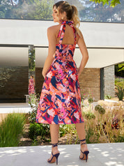 Halter Neck Abstract Print Fit and Flare Midi Dress in Multi